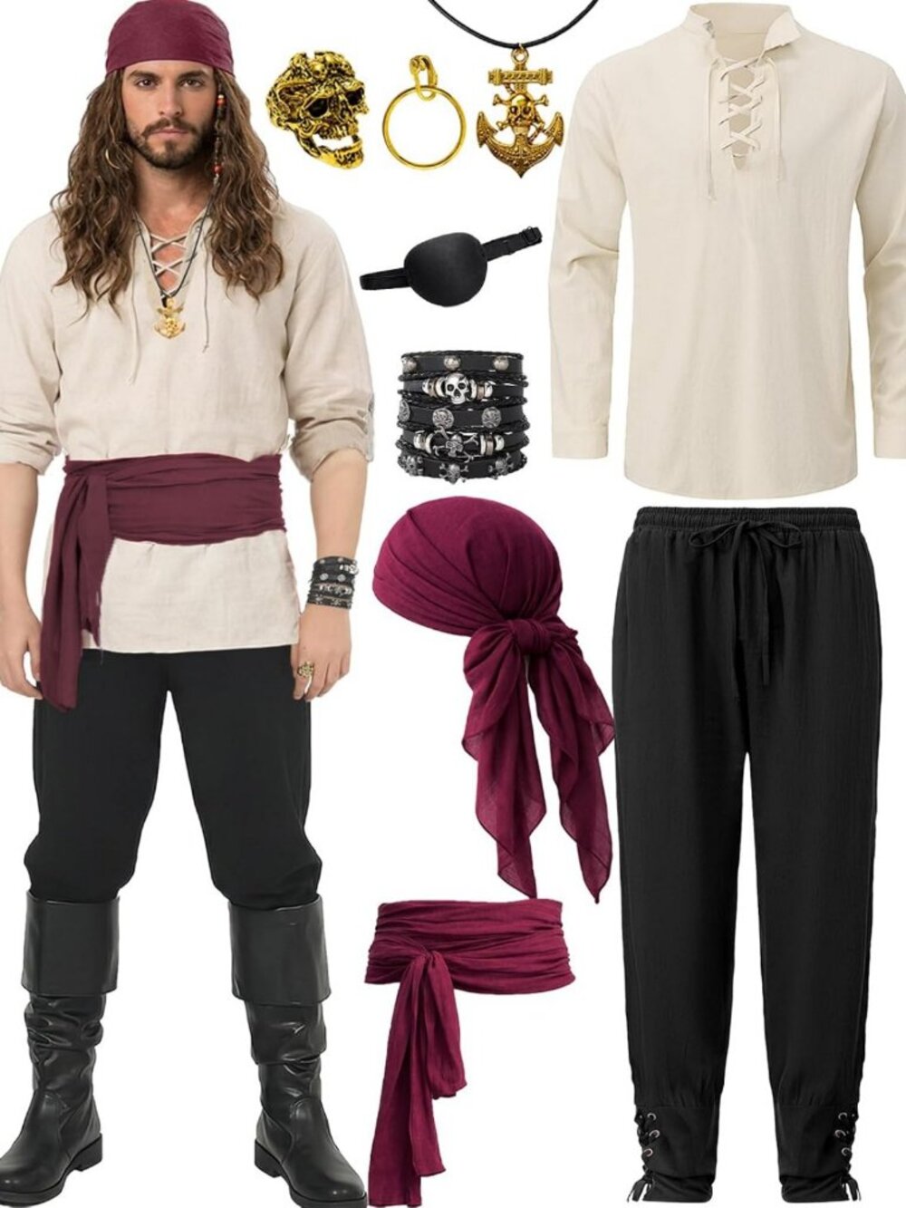 9PCS Men's Pirate Costume Set - Renaissance Medieval Outfit for Halloween Party